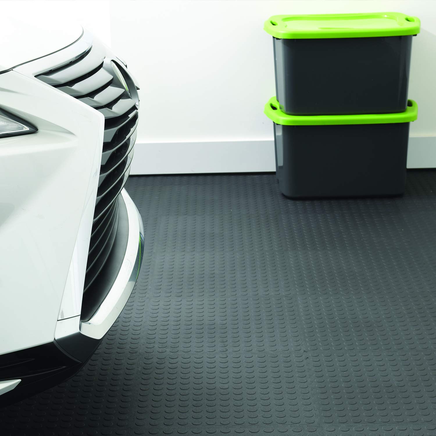 VersaTex Garage Floor 18 x 18 inch Square Rubber Diamond Plate Interlocking Floor Tiles for Home Gym, Garage Flooring, Trade Show Flooring, Basement Tiles, 24 Pack (Black)