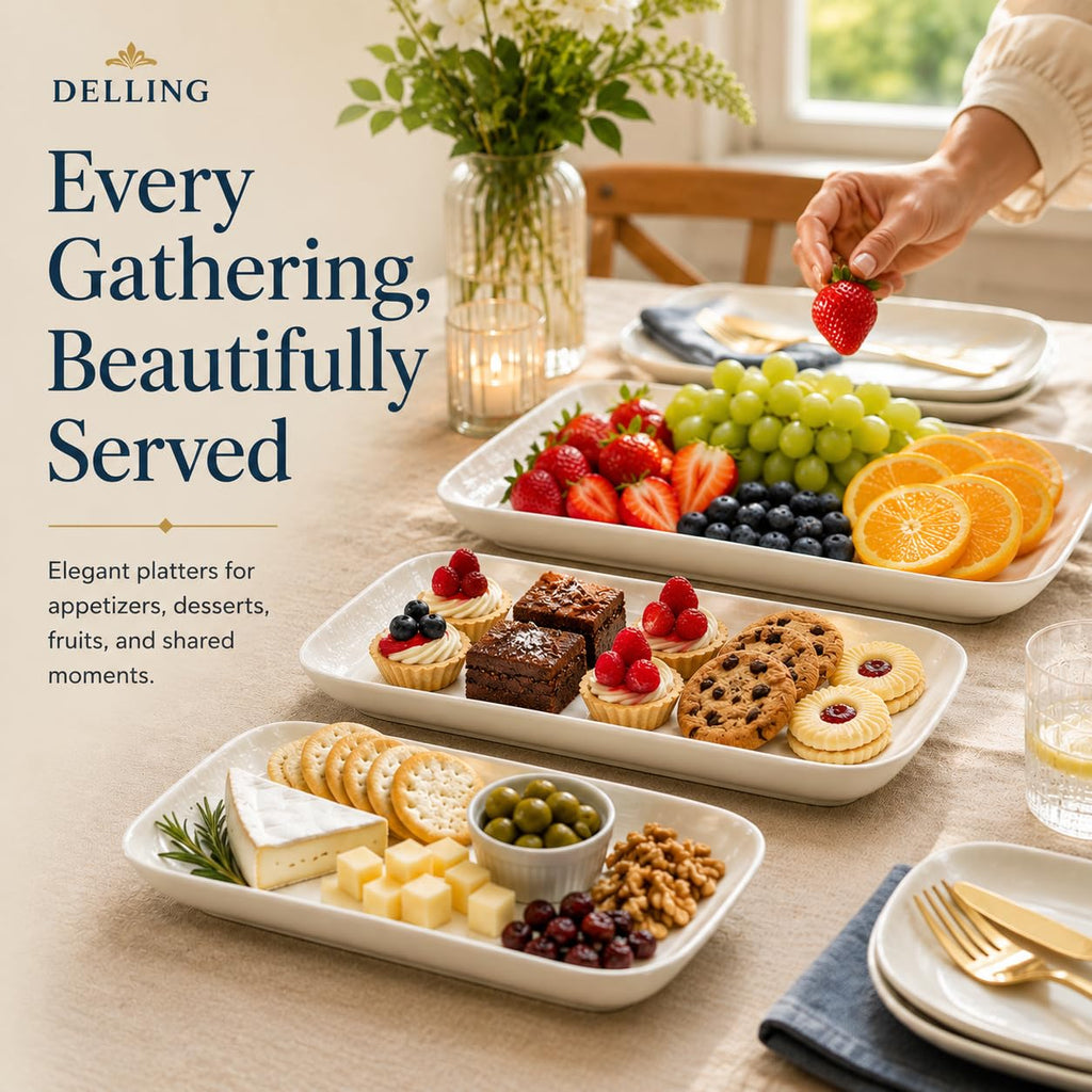 DELLING Large Serving Platter Set of 3, 16/14/12 Inch Porcelain Serving Trays for Party - Black Ceramic Rectangular Platters for Entertaining,Platter for Thanksgiving Christmas, Dishwasher Oven Safe