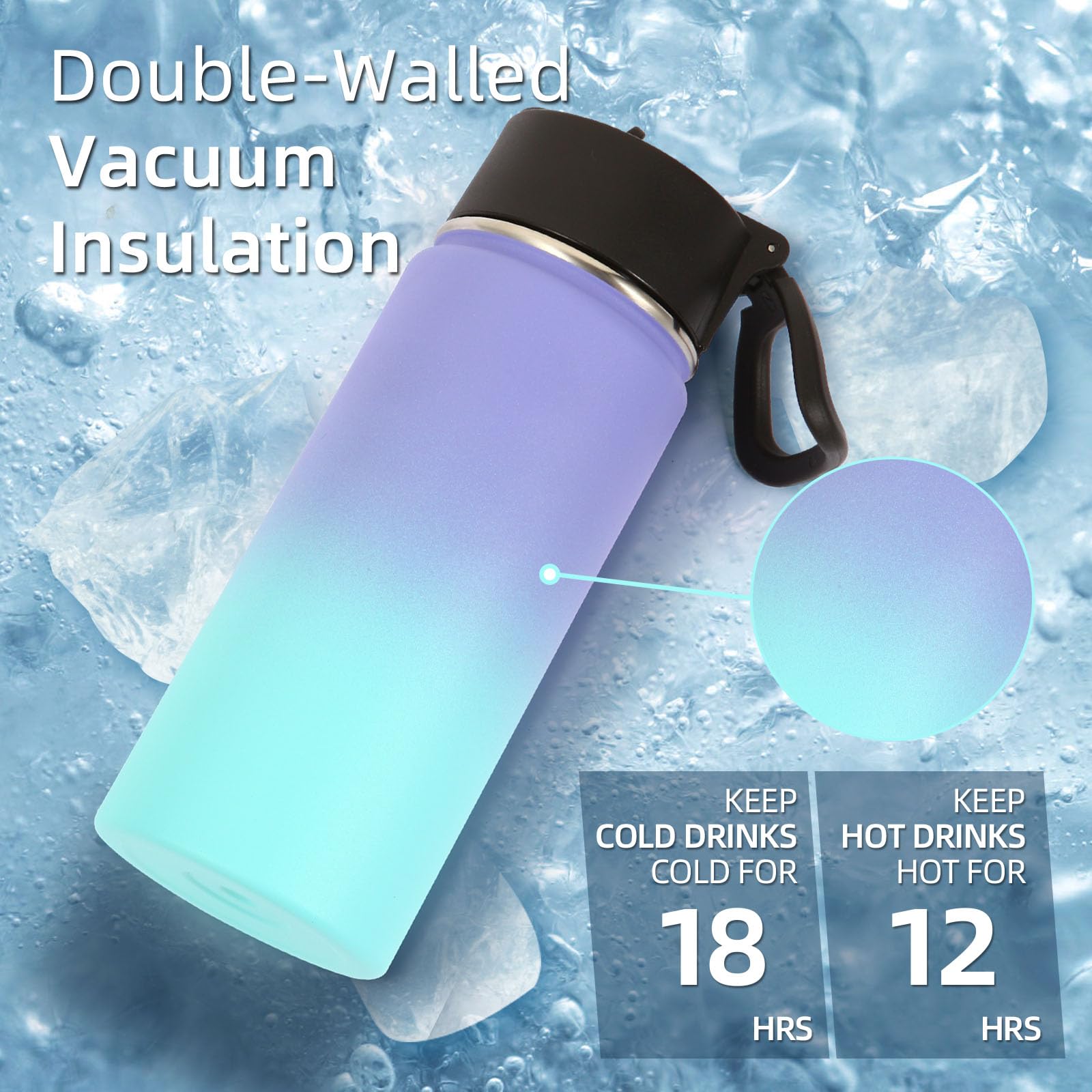 Volhoply Kids Insulated Water Bottle with Straw,16oz Stainless Steel Cold Water Bottles for School,BPA-Free Metal Wide Mouth Cups with Handle Lid,Reusable Double Wall Vacuum Sport Flask(Black,1)