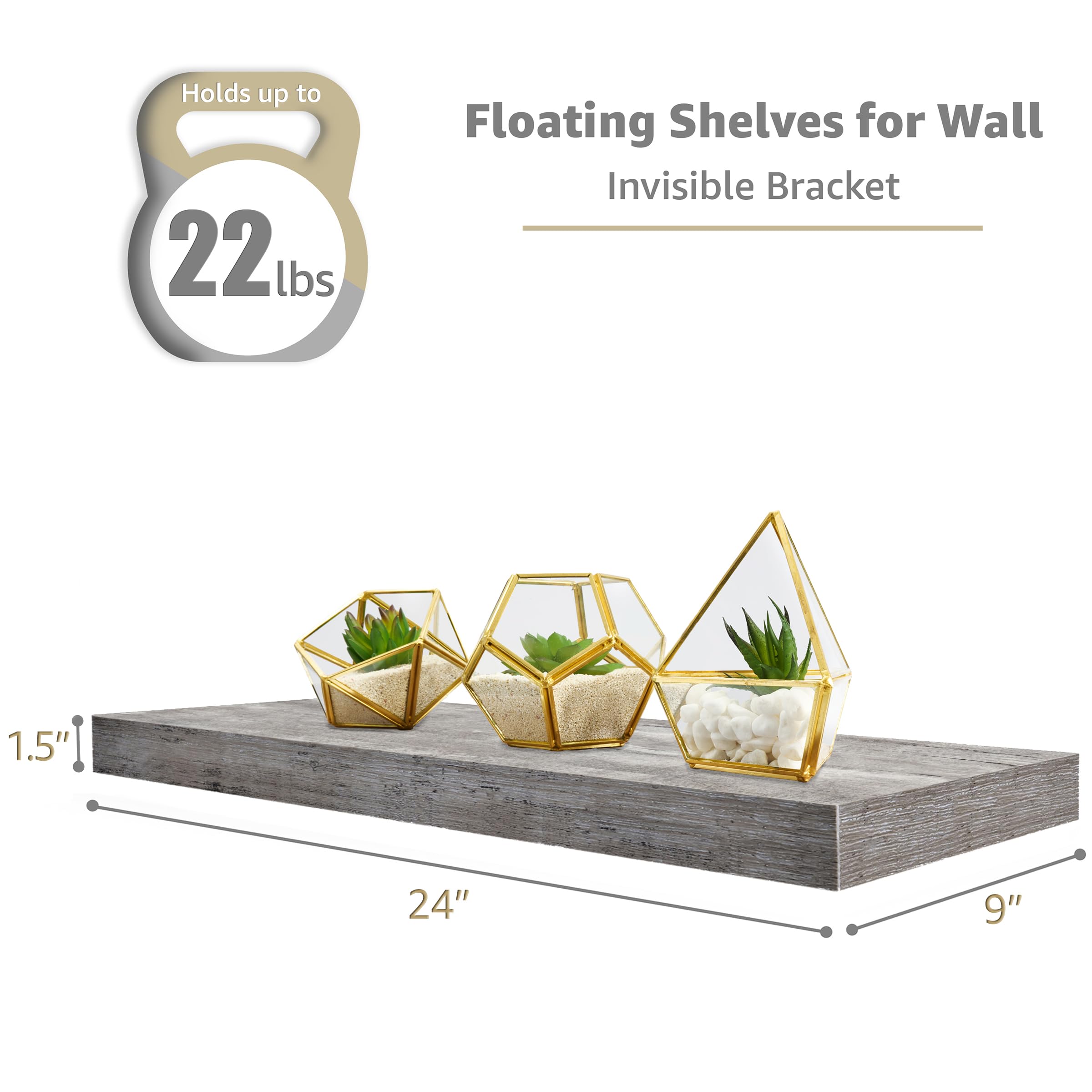Sorbus Floating Shelves for Wall - 24" Bathroom Shelves, Wall Decor for Bedroom, Kitchen, Living Room, Home Decor & Book Storage - Mounted Floating Shelf with Invisible Brackets (Black, 2 Pack)