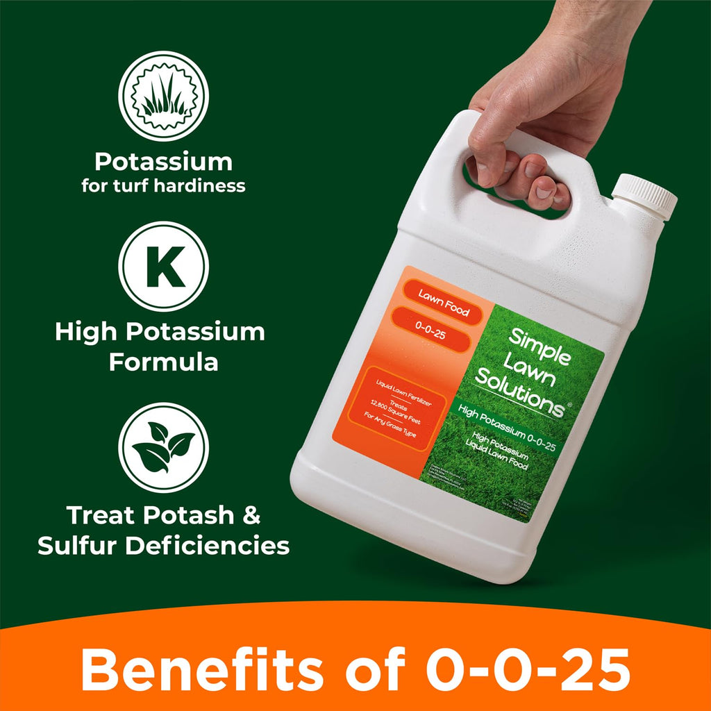 Simple Lawn Solutions - High Potassium Lawn Food Liquid Fertilizer 0-0-25 - Concentrated Spray - Turf Grass Vigor and Plant Hardiness - Summer and Fall - Any Grass Type (1 Gallon)
