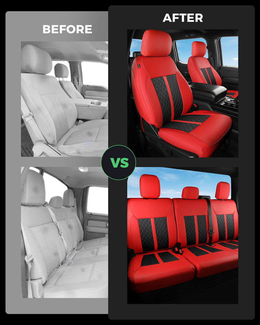 for Ford F150 Leather Seat Covers, Super Crew Cab XL XLT 2015-2020, F250 F350 F450 Super Duty Crew Cab 2017-2022,Custom Truck Seat Cover Full Set, Pickup Accessories, Black (Bucket Seat)