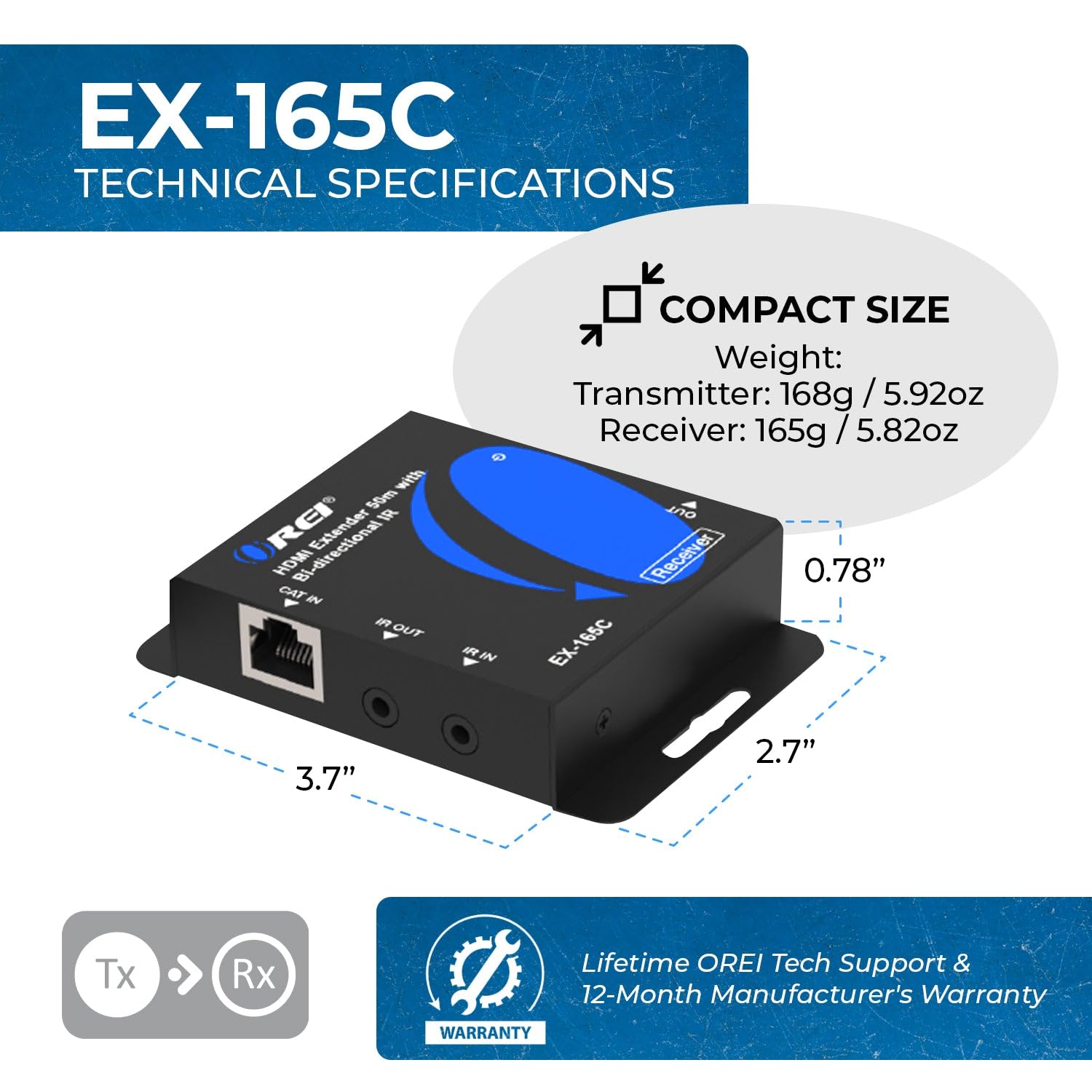 OREI HDMI Extender Over CAT6/CAT7 165ft, 1080p@60Hz HDMI Over Ethernet with Bi-Directional IR, HDMI Loop Out, PoC, Plug-and-Play for TV, Projector, Gaming & AV Setup (EX-165C)