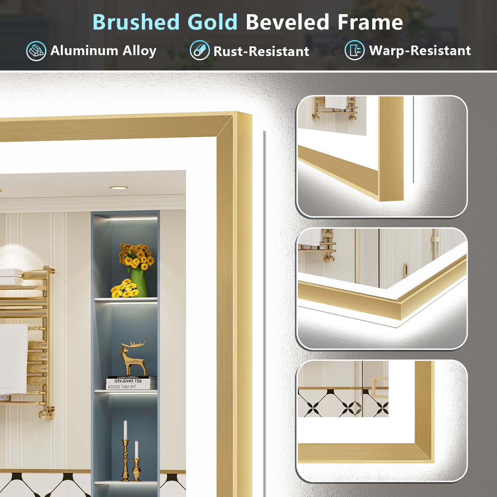 24x36 Gold Beveled LED Bathroom Mirror with Lights, Brushed Gold Framed Backlit and Front Lit Anti-Fog Lighted Vanity Mirrors for Bathroom Wall, Dimmable, 3 Colors, Memory, HD Tempered Glass
