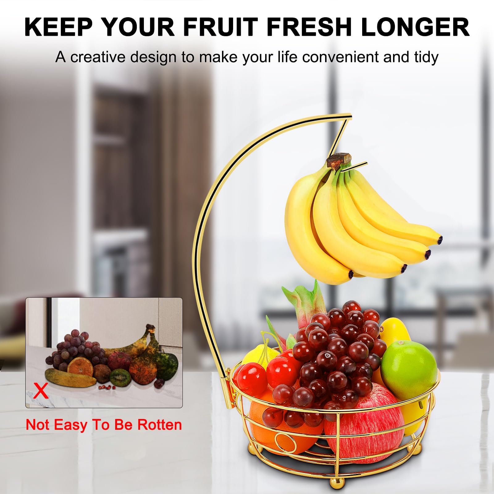 Livabber Countertop Fruit Basket Bowl with Banana Hanger, Modern Standing Fruit Vegetable Bowl Storage, with Banana Tree Holder for Kitchen Dinning Table (Round Marble, Black)