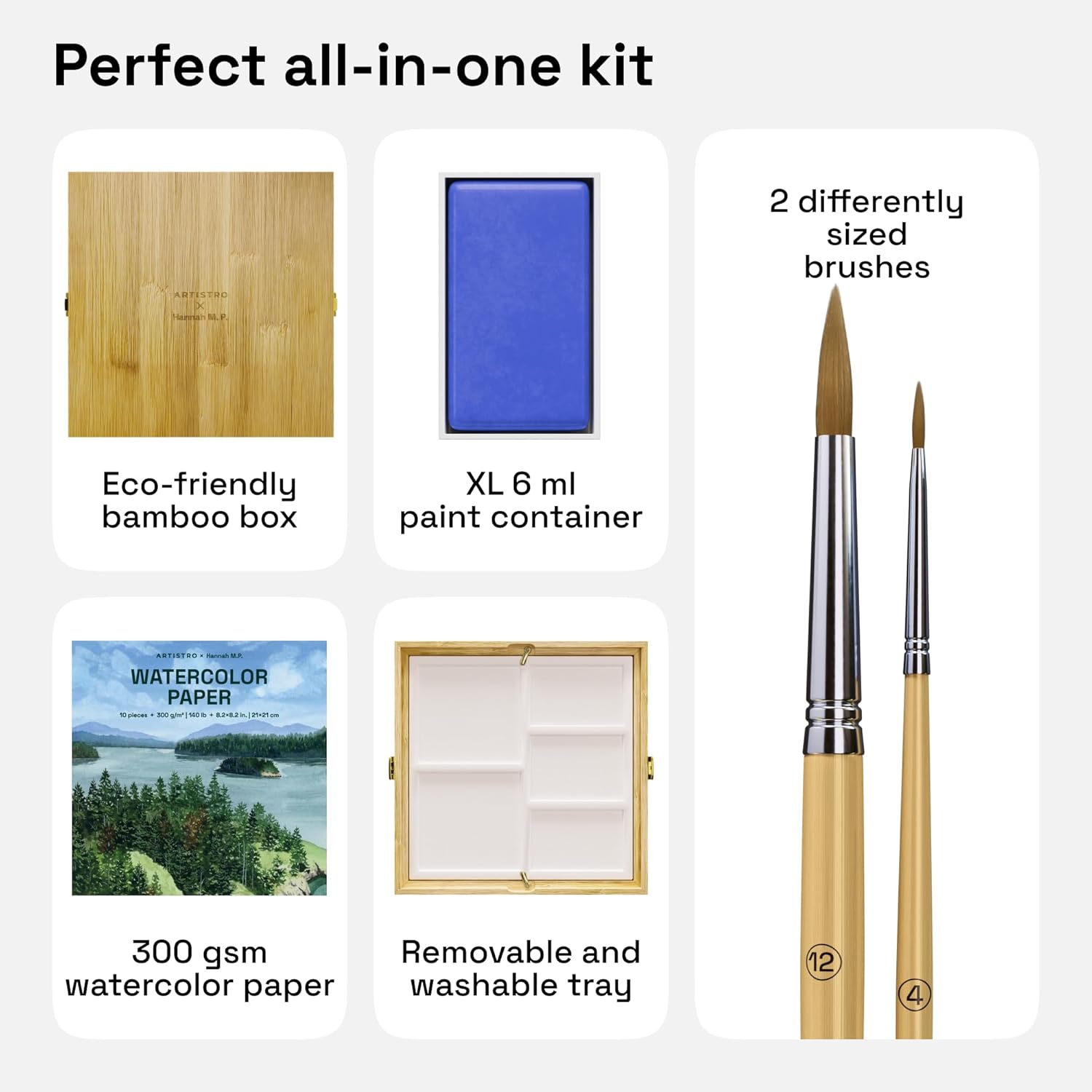 ARTISTRO x HANNAH M.P Professional Watercolor Paint Set Limited Edition with 24 colors in Bamboo Wooden Box (6ml XL Pans) - 2 Brushes, Watercolor Paper, Mixing Tray - Watercolor Set for Professionals made by professionals