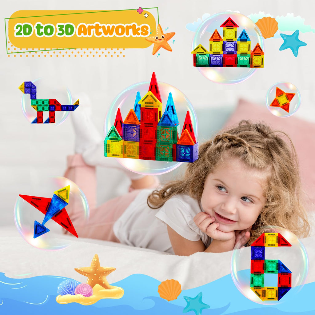 FNJO Magnetic Tiles, 110PCS Magnet Building Set, Magnetic Building Blocks, Construction STEM Learning and Playing Toys for Kids, Montessori Toy for Preschool Boys Girls