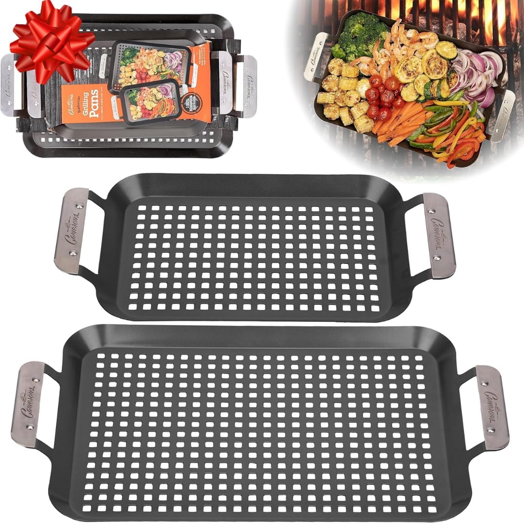 Camerons BBQ Grill Topper Grilling Pans (Set of 2)- Non-Stick Barbecue Trays w Stainless Steel Handles - Indoor Outdoor use for Barbecue & Smoked Meat, Vegetables & Seafood- Grill Gift for Fathers Day