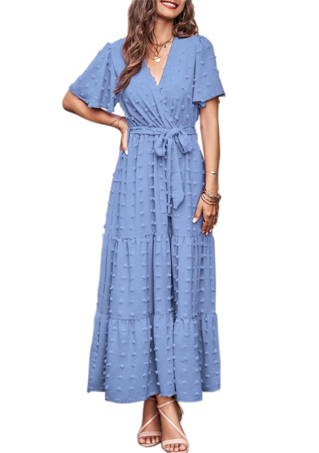 MASCOMODA Womens Summer Swiss Dot Maxi Dresses Wrap V Neck Flutter Short Sleeve Boho Casual Flowy Long Wedding Guest Dress