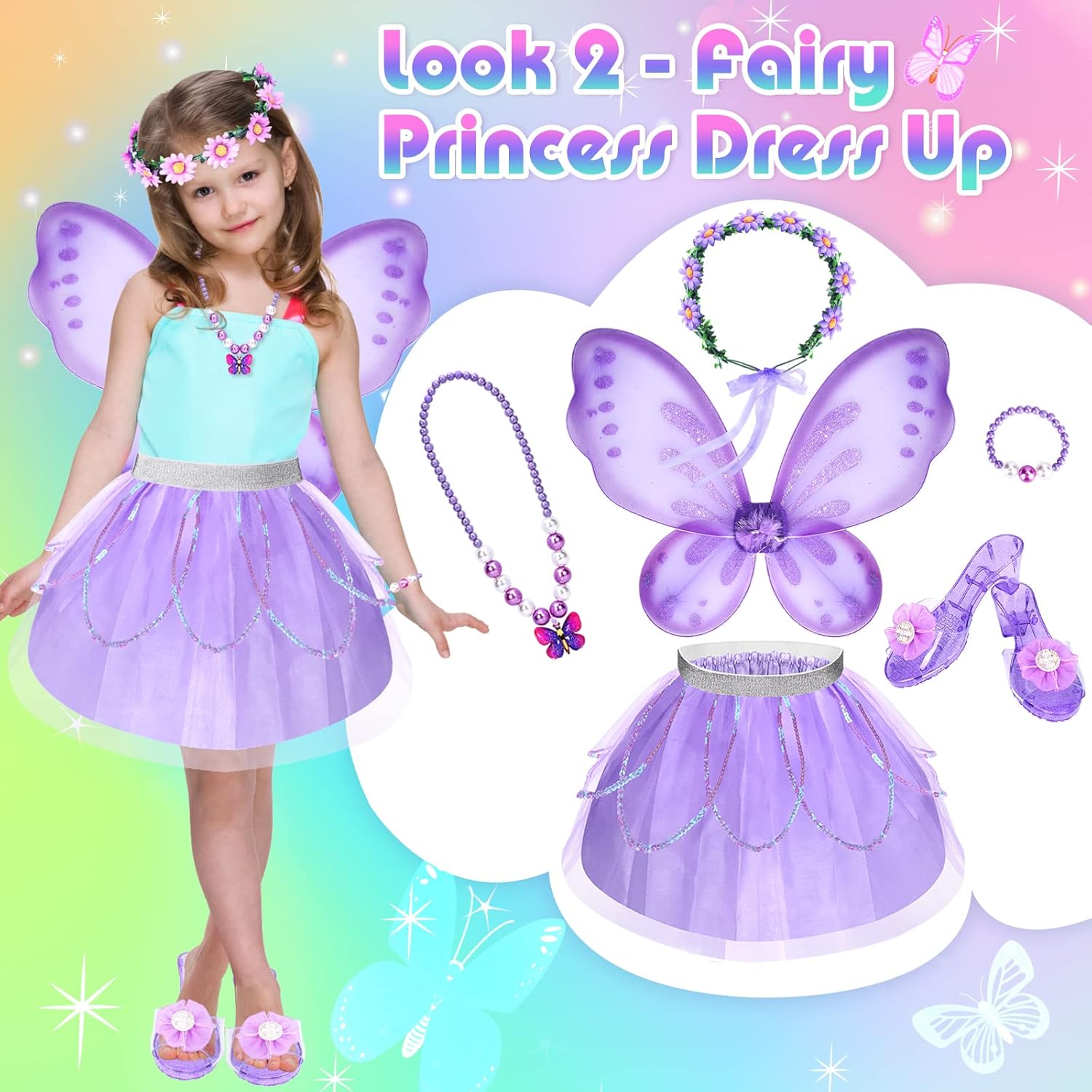 Princess Dress Up for Girls 3-6, Toddler Dress Up Clothes, Unicorn & Flower Hairbands, Princess Shoes Toy, Tutu, Wings, Jewelry, Pretend Play Toddler Girl Toys for Halloween Christmas Birthday Gifts