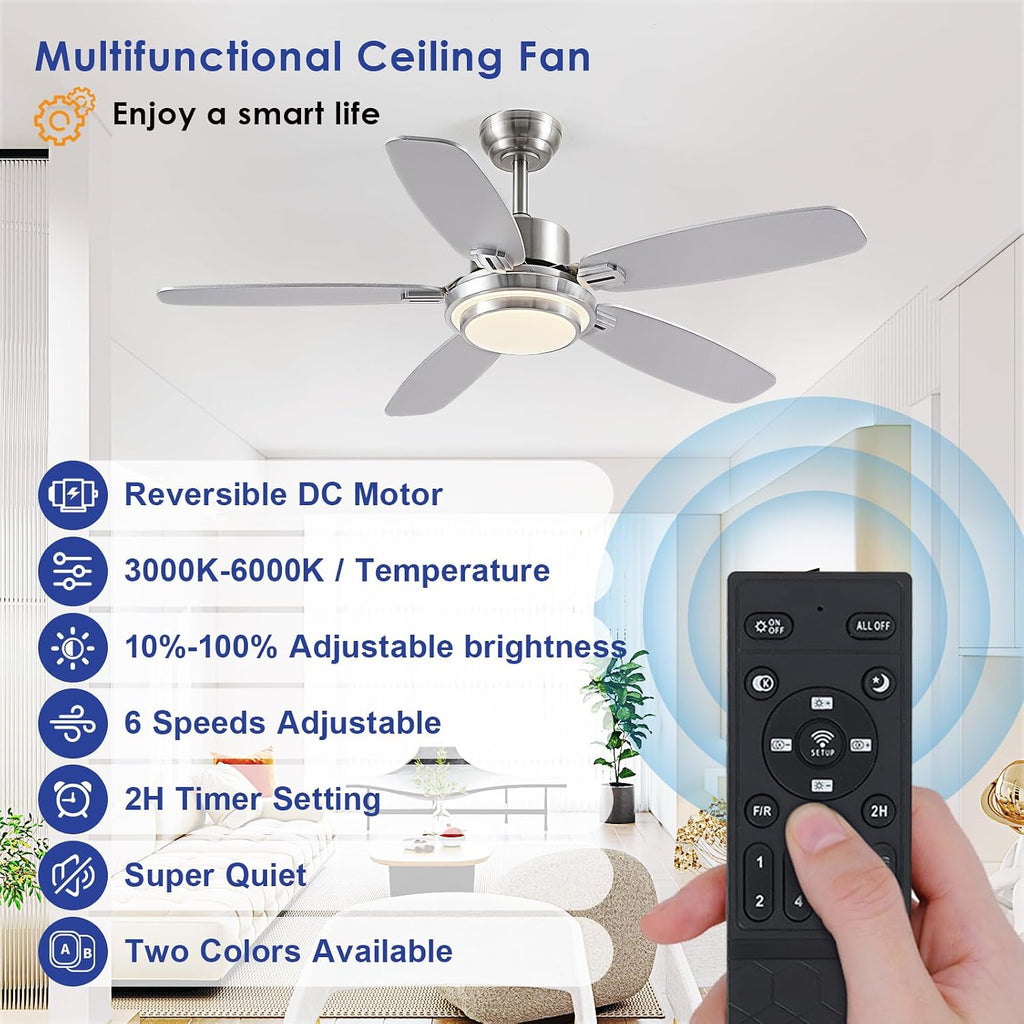 Hounberi Ceiling Fans with Lights,50“ Modern Nickel Ceiling Fan and Remote/APP Control,5 Dual Finish Blades Dimmable 3-Color LED Fandelier for Indoor Dinning room,Bedroom