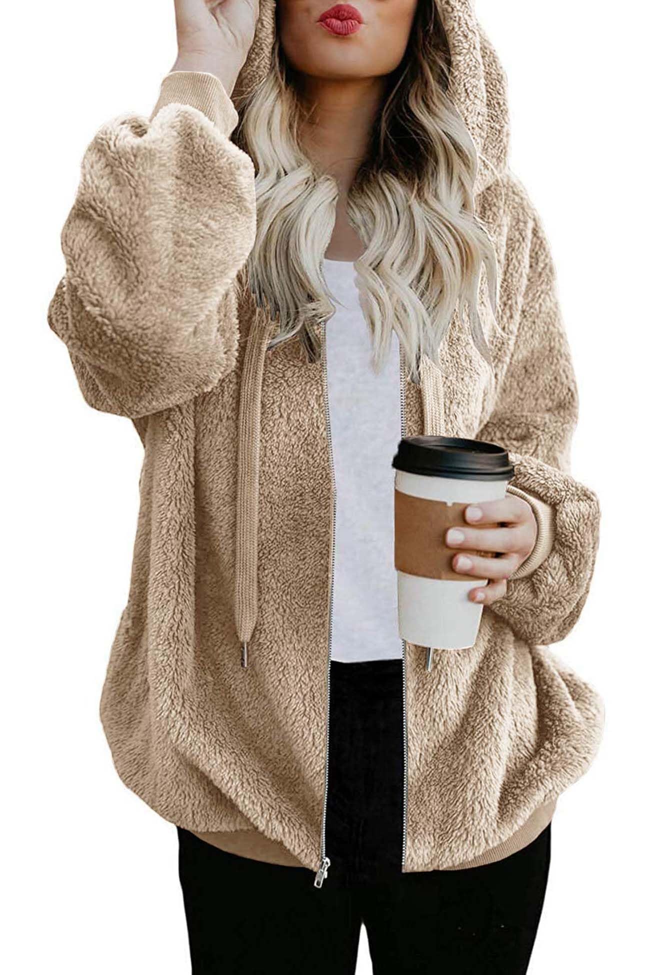 ReachMe Womens Oversized Sherpa Jacket Fuzzy Fleece Zip Up Hoodies with Pockets Warm Fall Outfits Winter Coats