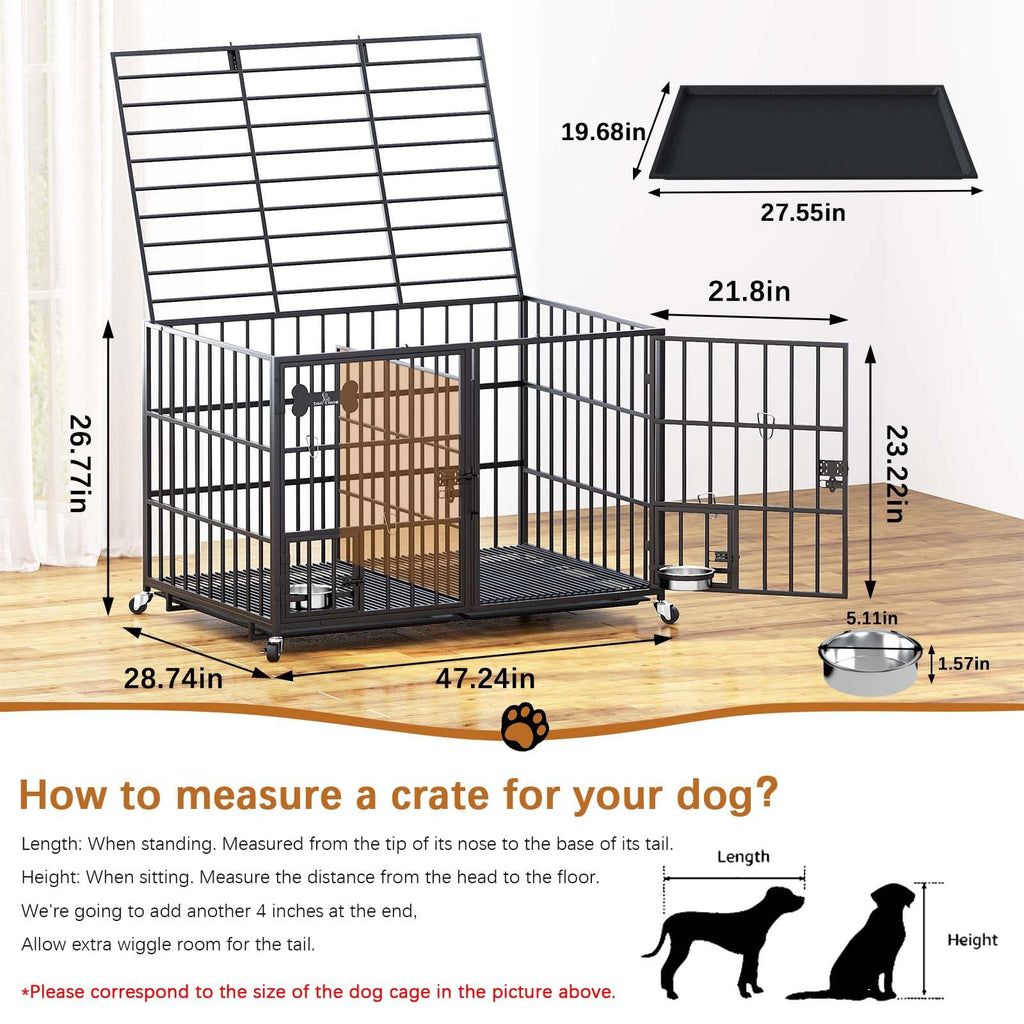 Dosker 42 inch Heavy Duty Metal Dog Crate with Divider for 2 Dogs/Large Dog, All Metal Open Top Escape Proof Cage, Indoor Dog Kennel with Wheels, Floor Grid, Tray, Feeding Bowl