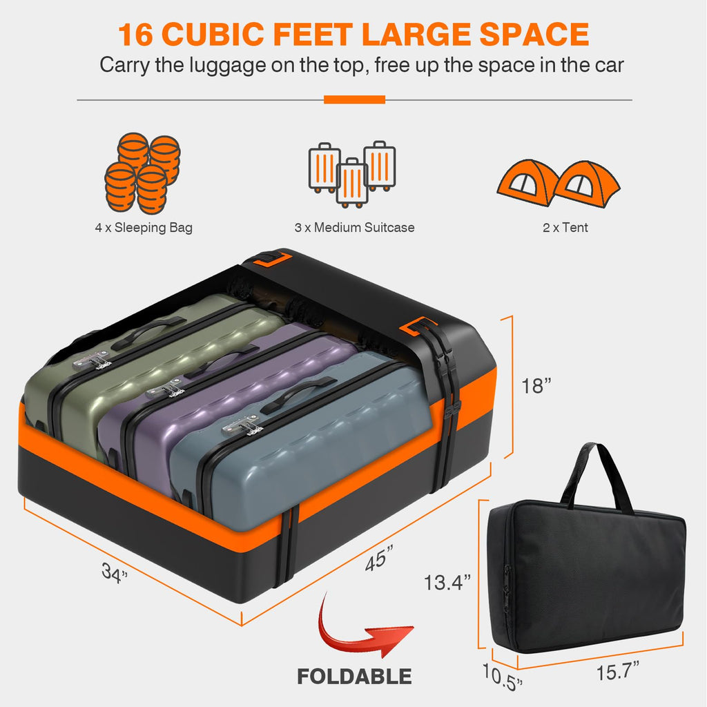APTY Car Rooftop Cargo Carrier Bag, 16 Cubic Feet Soft Roof Top Luggage Bag for All Vechicles with/Without Racks - with Waterproof Zip, Anti-Slip Mat, Door Hooks, Luggage Lock, Storage Bag