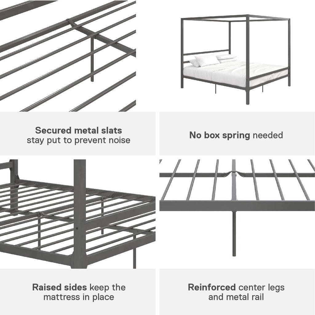 DHP King Metal Canopy Bed, Modern Design with Built-In Headboard, Sturdy Frame, No Box Spring Needed, Gunmetal Gray