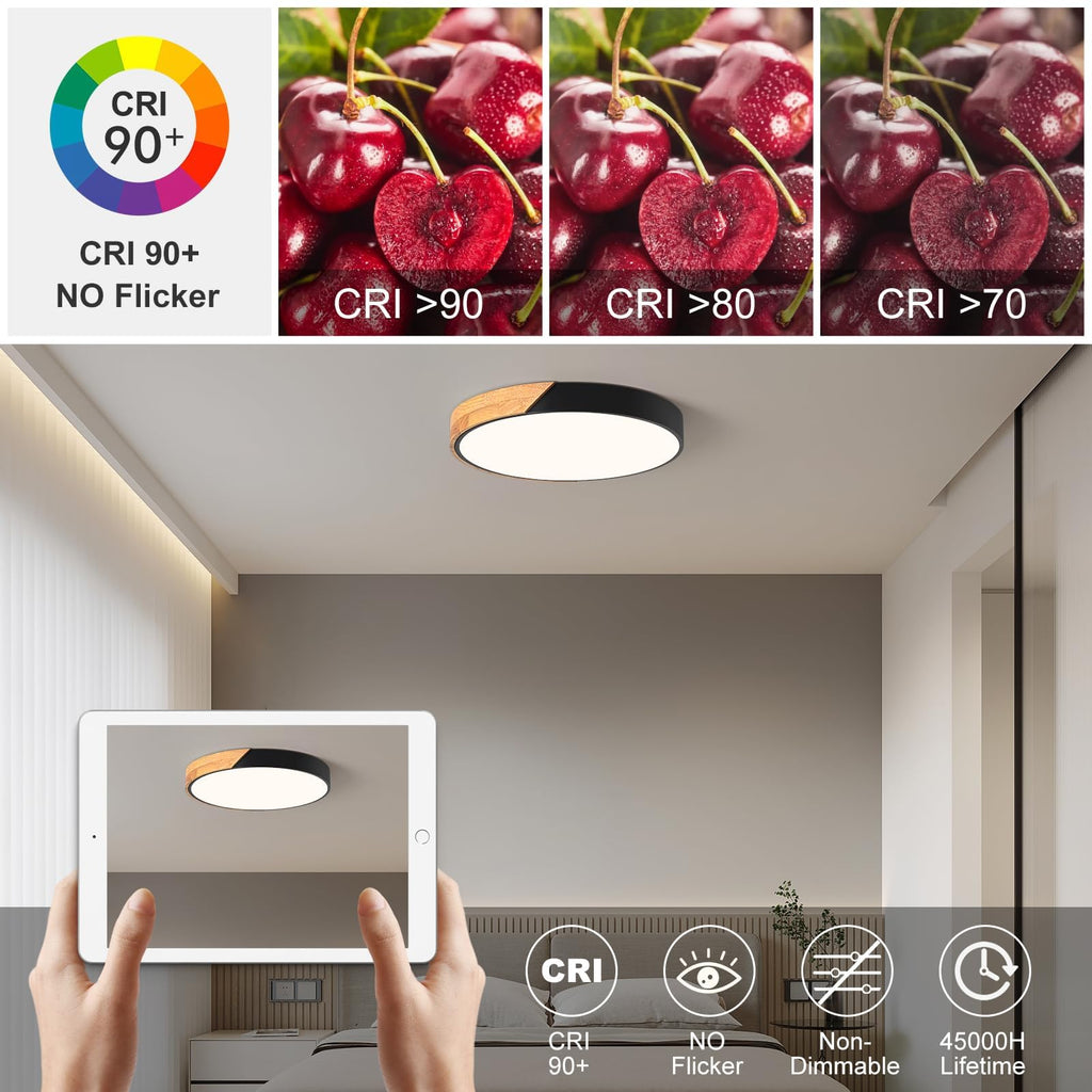 Modern LED Ceiling Light, Minimalist Wood Dimmable Flush Mount Ceiling Light Fixture, Round 5CCT Lighting Lamp with Acrylic Lampshade for Bedroom Hallway Kitchen Laundry, Black 11.8"