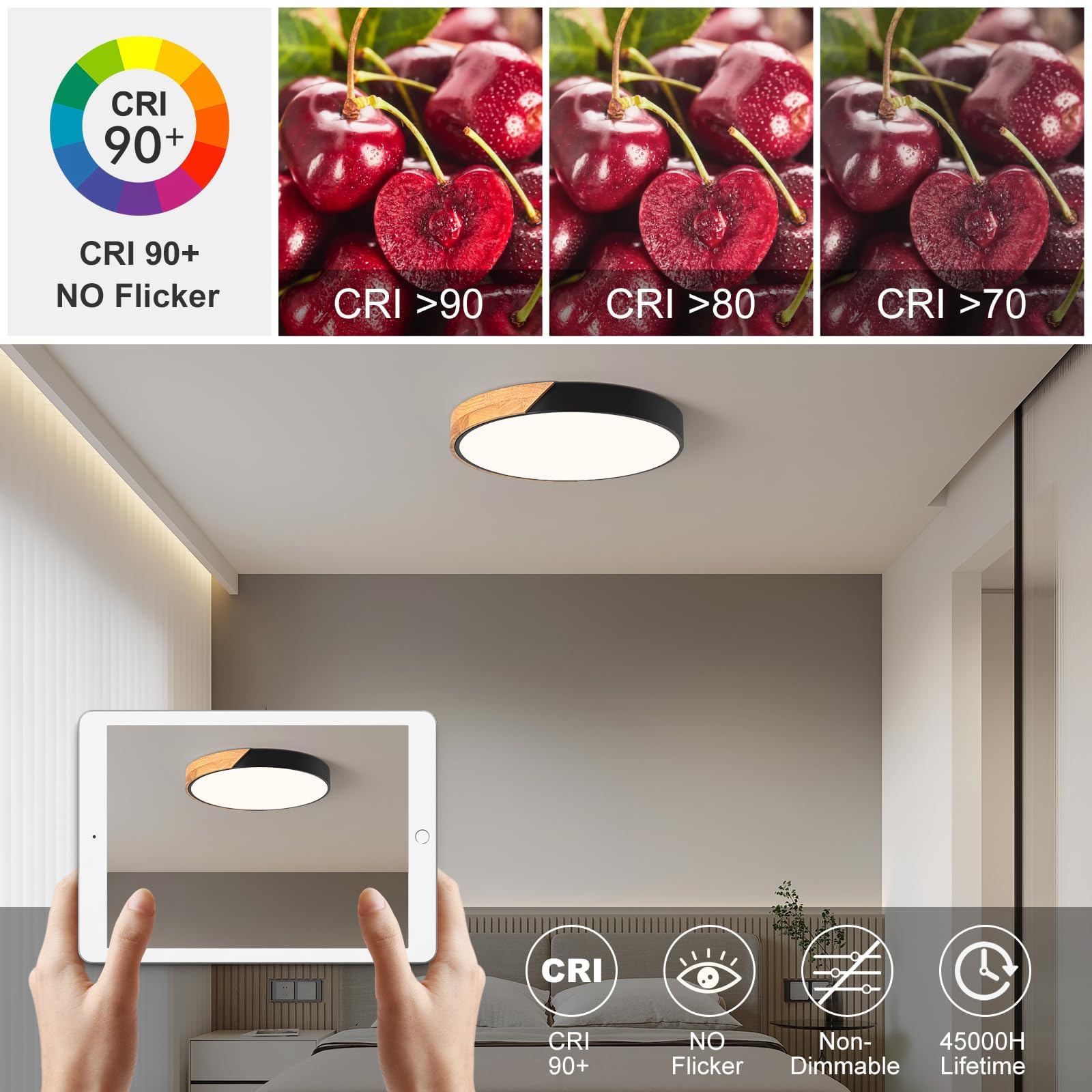 Modern LED Ceiling Light, Minimalist Wood Dimmable Flush Mount Ceiling Light Fixture, Round 5CCT Lighting Lamp with Acrylic Lampshade for Bedroom Hallway Kitchen Laundry, Black 11.8"