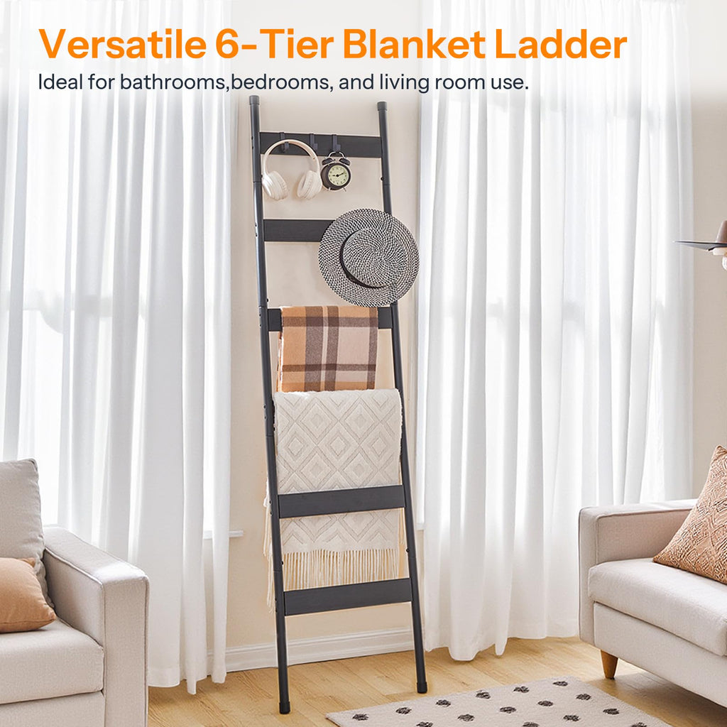 HOOBRO Blanket Ladder, 5-Tier Towel Rack with Hooks, Wall-Leaning Blanket Rack, Decorative Display Ladder Shelf, Scarves, Industrial, Living Room, Bedroom, Black BB52CJ01