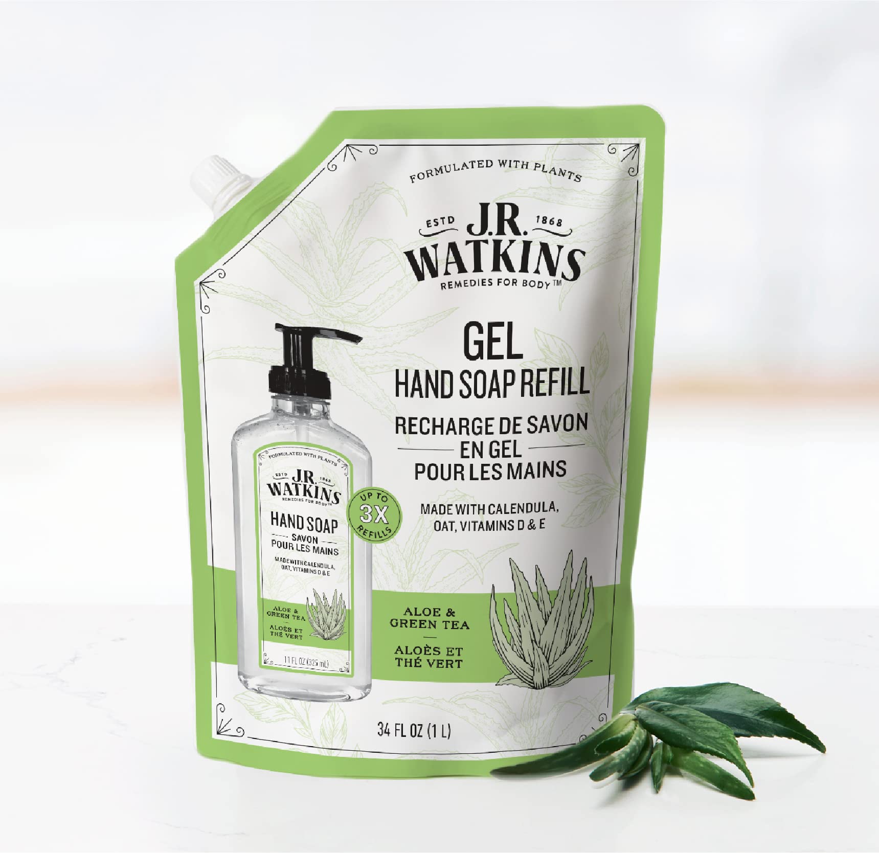J.R. Watkins Gel Hand Soap Refill, Moisturizing Hand Wash, Formulated with Plant-Based Cleansers, Alcohol-Free, Cruelty-Free, Aloe & Green Tea, 34 Fl Oz, 2 Pack