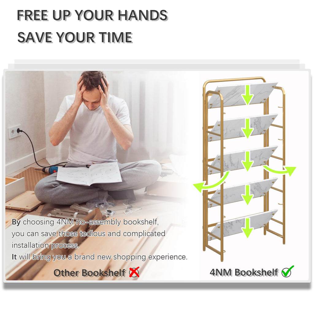4NM No Assembly Folding Bookshelf, 3 Tiers Collapsible Book Shelves Open Industrial Foldable Storage Bookcase Shelf for Bedroom, Living Room, Home Office - Natural and White