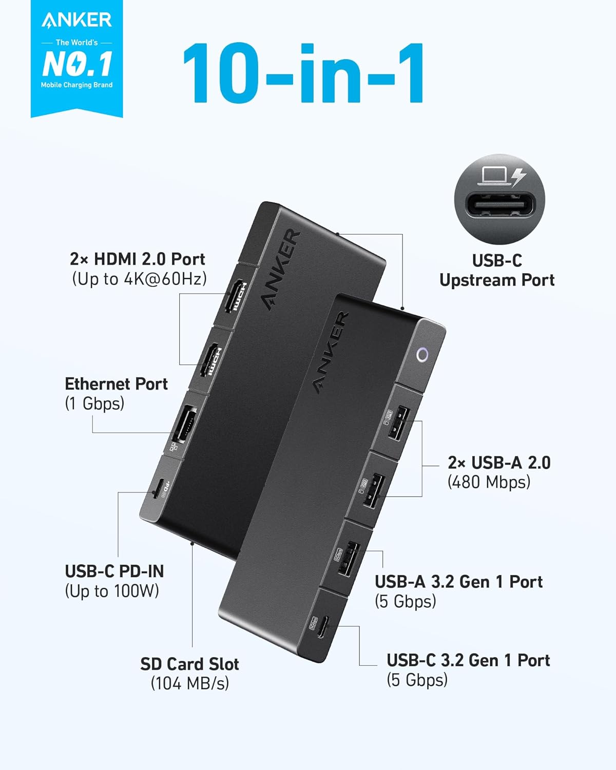 Anker USB C Hub (10-in-1), Dual Monitor with 4K HDMI, Max 100W Power Delivery, Dual 4K HDMI Ports, 4 USB-A/USB-C Data Ports, Ethernet and SD Card Reader for Dell Laptop, ThinkPad, and More
