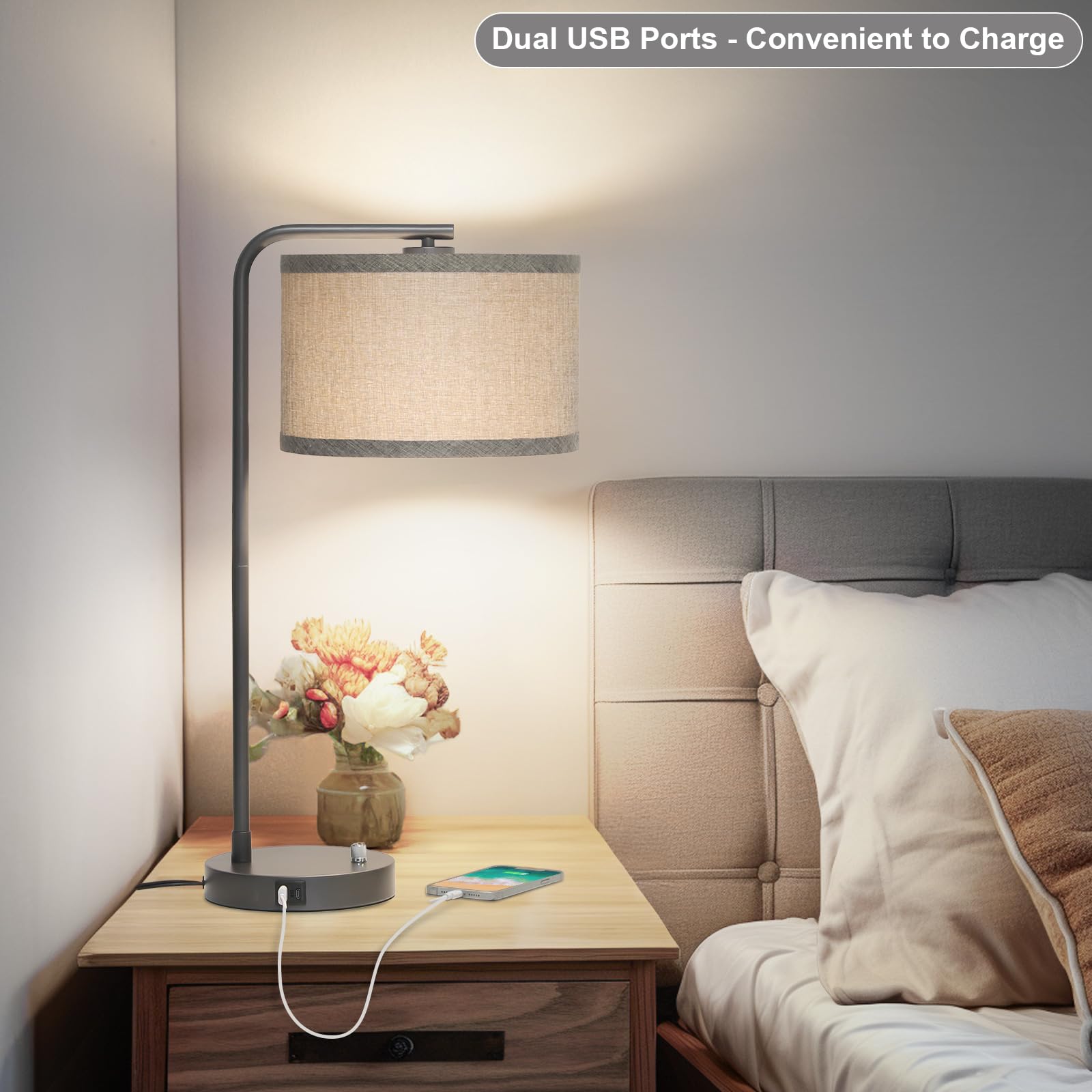 Table Lamps Set of 2, Fully Dimmable Bedside Lamp with USB C+A Charging Ports, Modern Nightstand Lamps with Linen Fabric Shades, Tall Desk Lamp for Bedroom, Living Room, Office, LED Bulb Included