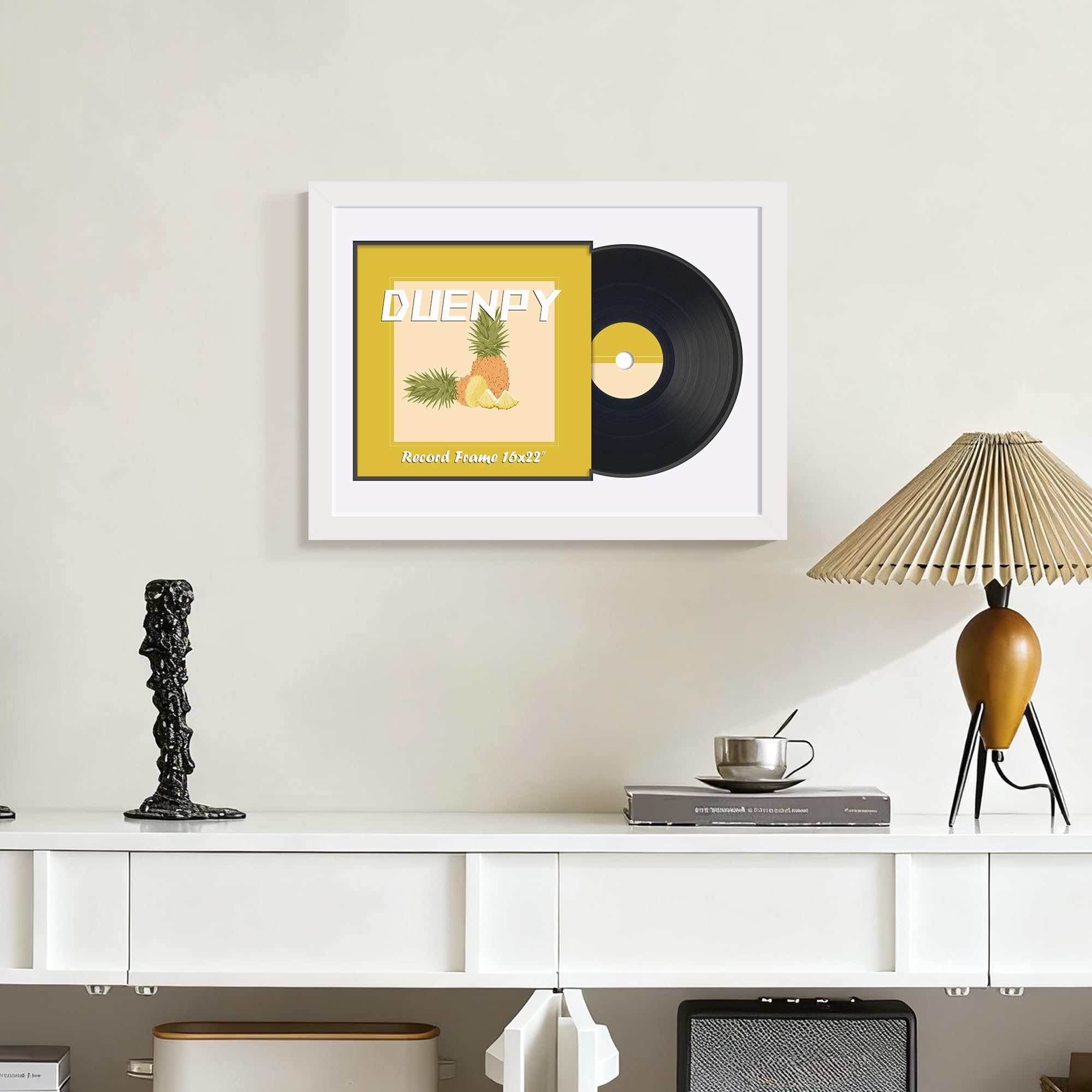 DUENPY Vinyl Record Display Frame 16x22 Inches Display Record Album and 12.5x12.5 Album Cover Art（Black Bottom Mat） Wall Mount
