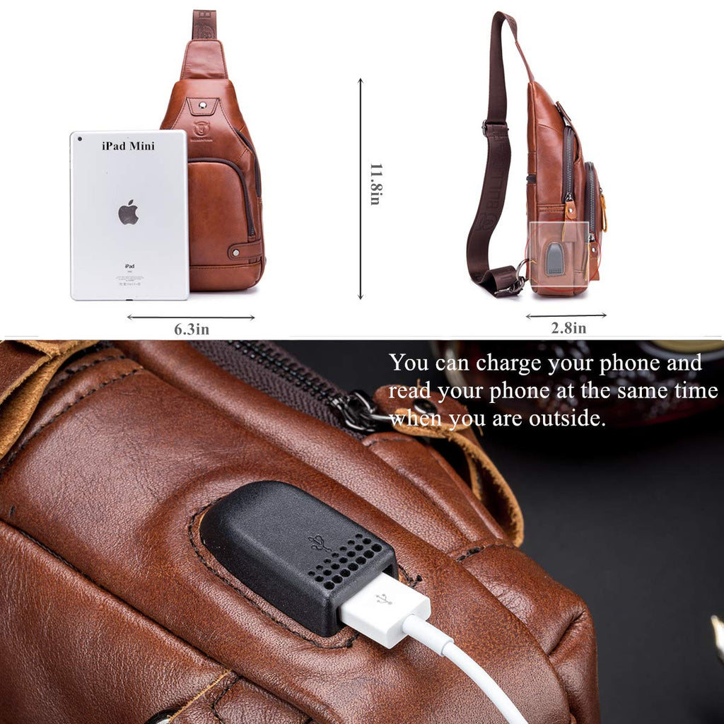 BULLCAPTAIN Genuine Leather Sling Bag for Men XB-129 | USB Charging Port, Multi-pocket, Chest Bag, Hiking Travel Daypack