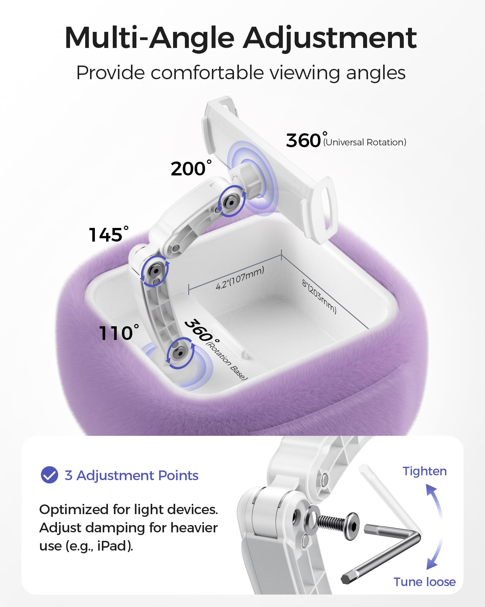 LULULOOK Tablet Pillow Stand, Compatible with iPad, iPhone and 4.7-14.6”Tablet, 360° Adjustable Kindle Pillow Stand for Bed with Ultra Fluffy Fabric & Snack Bowl (Cloudy White)