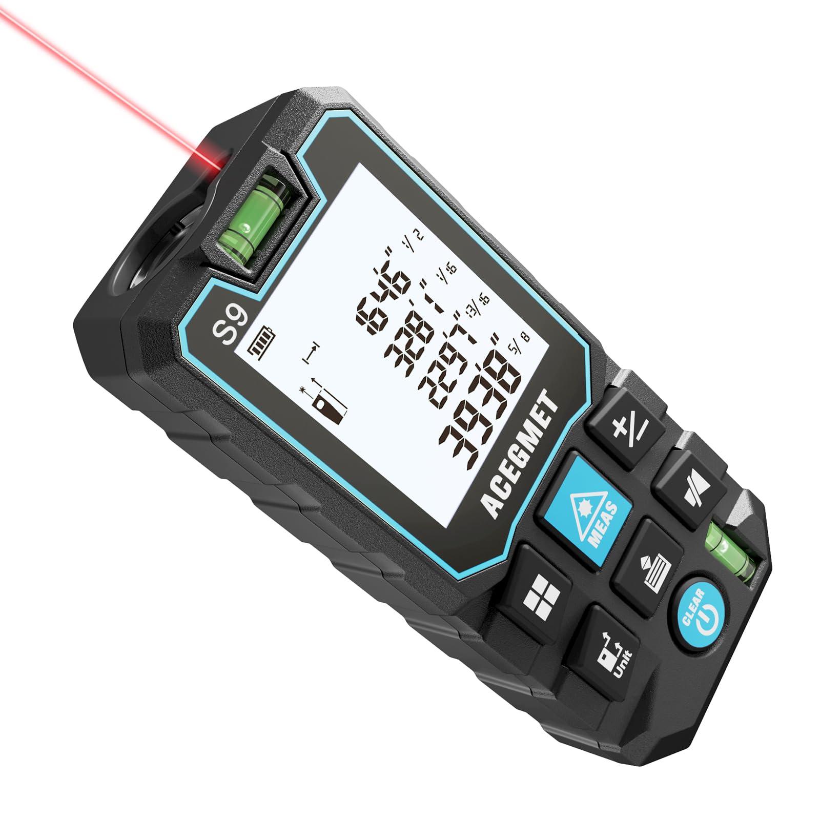 ACEGMET Laser Measure, 229ft/70m Laser Measurement Tool, S9 Room Laser Measuring Tool with 2 Bubble Levels, LCD Backlit Display, IP54 Waterproof, Pythagorean Mode for Distance, Area, Volume