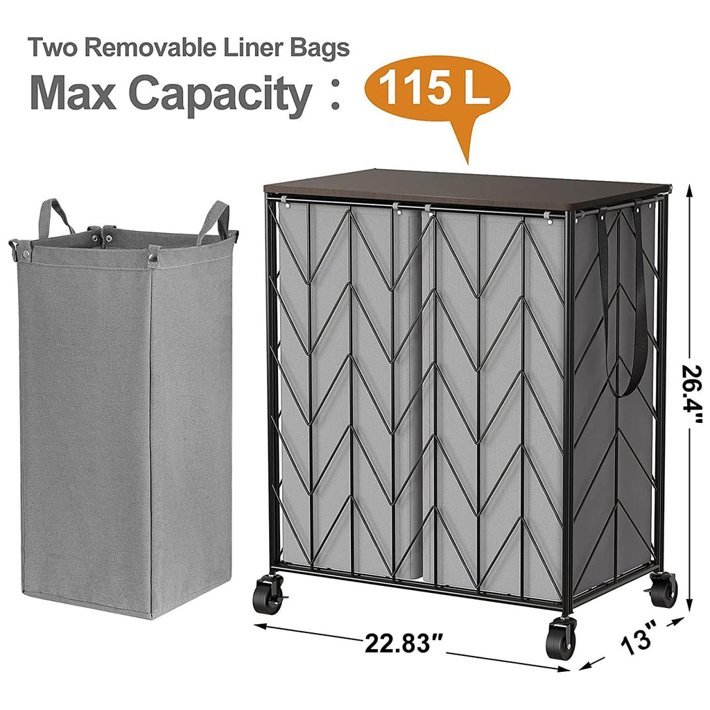 WOWLIVE Laundry Basket with Wheels, Heavy Duty Laundry Hamper with Wood Lid, Clothes Hamper with Divided Removable Liner Bag, Large Capacity Iron-Made Laundry Sorter Laundry Room Organization (Beige)