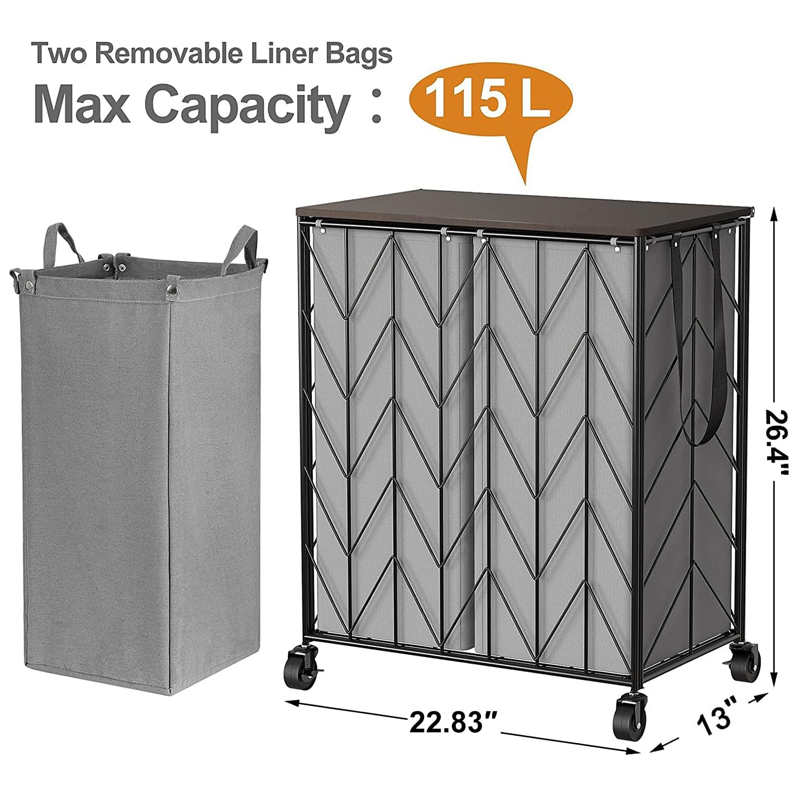WOWLIVE Laundry Basket with Wheels, Heavy Duty Laundry Hamper with Wood Lid, Clothes Hamper with Divided Removable Liner Bag, Large Capacity Iron-Made Laundry Sorter Laundry Room Organization (Beige)