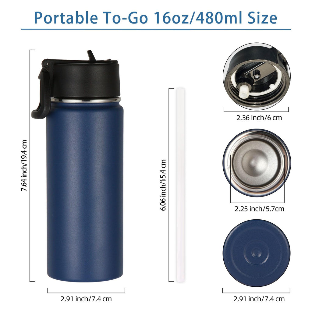 Volhoply Kids Insulated Water Bottle with Straw,16oz Stainless Steel Cold Water Bottles for School,BPA-Free Metal Wide Mouth Cups with Handle Lid,Reusable Double Wall Vacuum Sport Flask(Black,1)