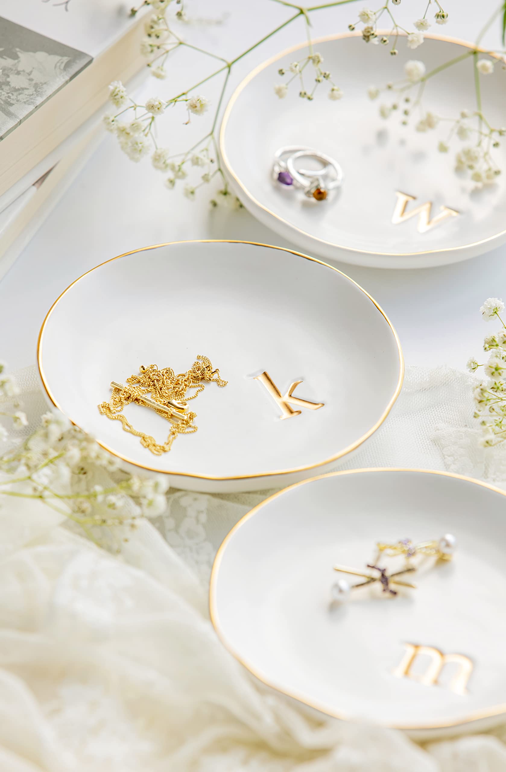 COLLECTIVE HOME - Ceramic Jewelry Tray, Decorative Trinket Dish for Rings Earrings Necklaces Bracelet Watch Keys, Birthday Mother's Day Christmas Gift for Women, 4.75", White Surface (A)