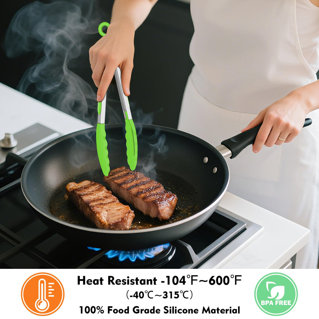 Hotec Mini Silicone Kitchen Tongs for Cooking - 7-Inch Small Serving Tongs with Silicone Tips, Set of 3 (Black)