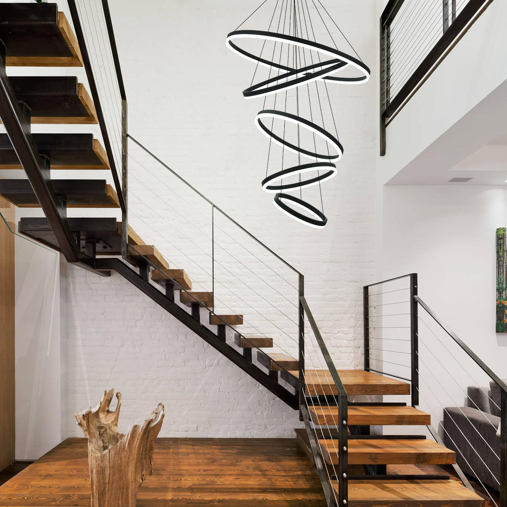 5-Rings Modern LED Chandelier Black Dimmable High Ceiling Chandelier for Dining Room with Remote Control for Foyer Living Room Entryway Staircase(D23.6’’, 3000K-6500K)