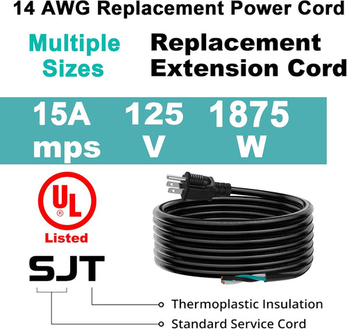 25 FT 14 AWG 3 Prong Replacement Power Cord, 15 Amp 14 Gauge 3 Conductor Wire Extension Cable with Pigtail Open Wiring End.