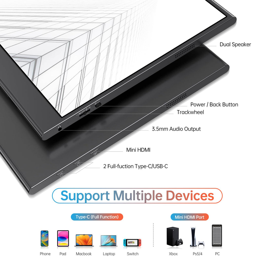 VILVA Portable-Monitor-for-Laptop 14 inch FHD 1920×1200 Built-in Stand,USB-C & HDMI Travel Monitor, HDR Dual Speakers,Ultra-Slim Plug-and-Play External Screen for PC,Mac,Phone,Gaming Consoles