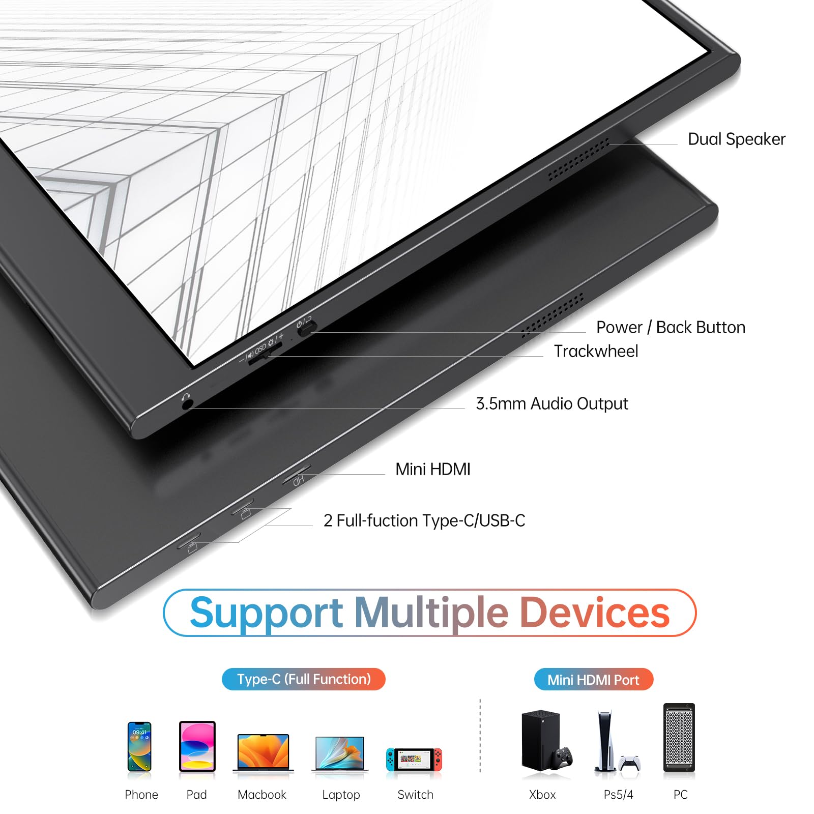 VILVA Portable-Monitor-for-Laptop 14 inch FHD 1920×1200 Built-in Stand,USB-C & HDMI Travel Monitor, HDR Dual Speakers,Ultra-Slim Plug-and-Play External Screen for PC,Mac,Phone,Gaming Consoles