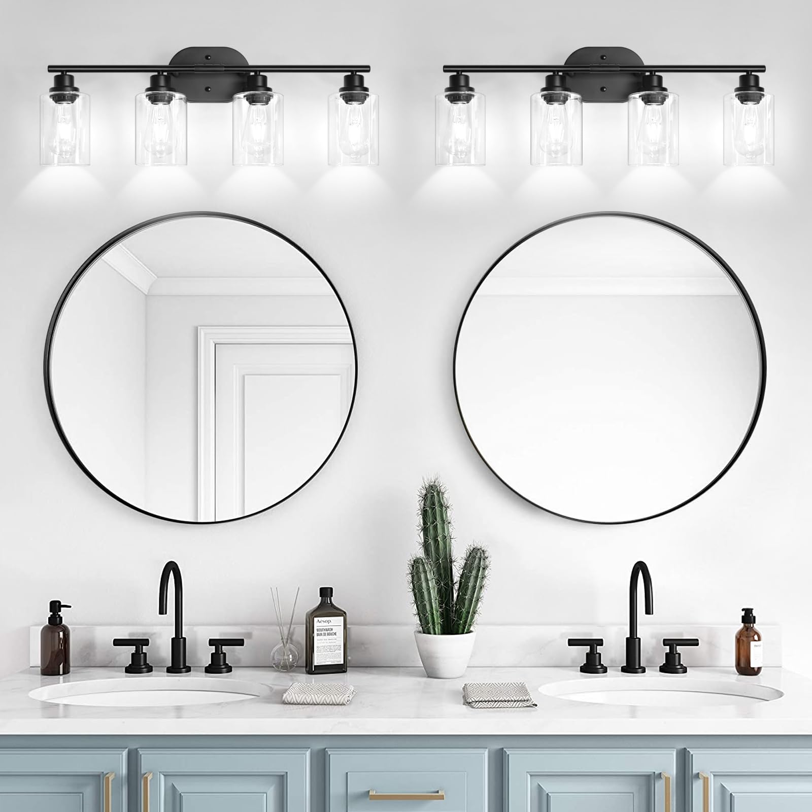 Unicozin 2 Pack Modern Bathroom Light Fixtures, 3 Light Vanity Lights, Black Wall Lamp with Clear Glass for Bathroom, Mirror, Living Room, Bedroom, Hallway, E26 Base