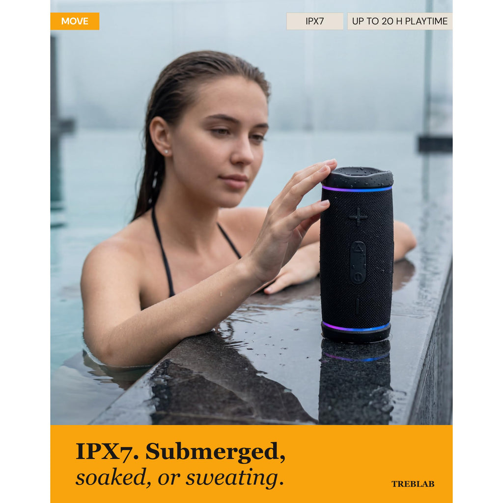 TREBLAB HD77 – Waterproof Bluetooth Speaker, 30W Loud 360° Sound, Deep Bass, IPX7, TWS Pairing, RGB Lights, 20H Battery, Portable Wireless Speaker for Outdoor, Beach, Camping, Party, Travel