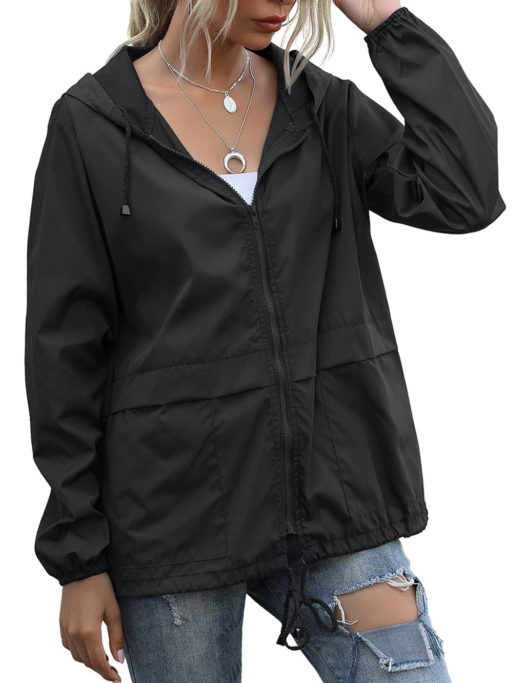 Women's Raincoats Lightweight Waterproof Windproof Adjustable Windbreaker Rain Jackets Hooded with Pockets S-XXL
