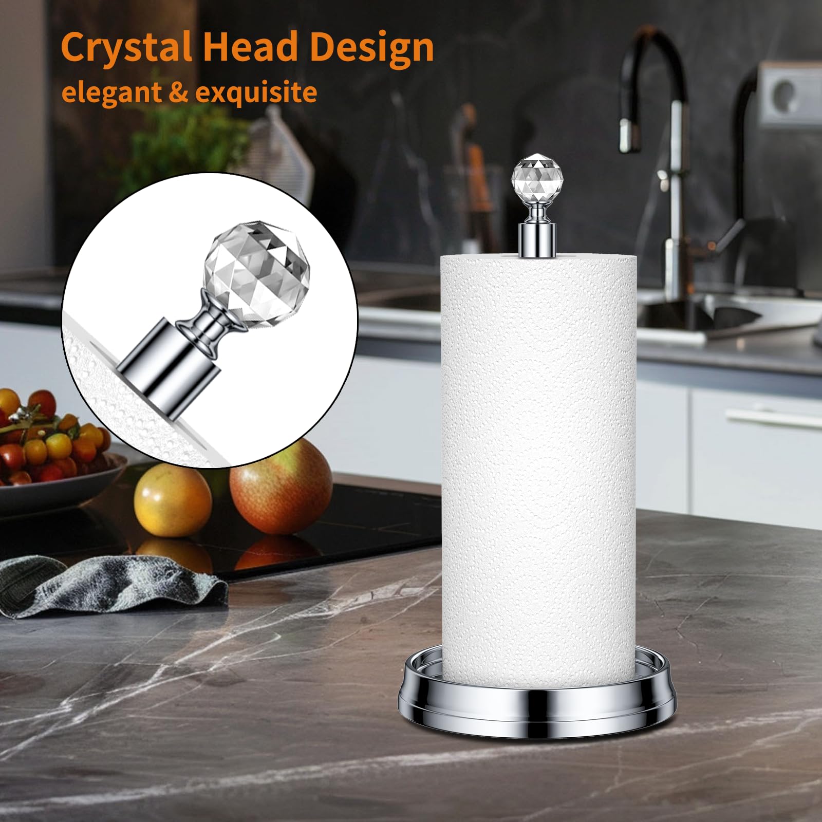 KASUNTO Paper Towel Holder with Crystal Ball - Steel Countertop Stand, Fits Standard & Jumbo Rolls, Brushed Nickel