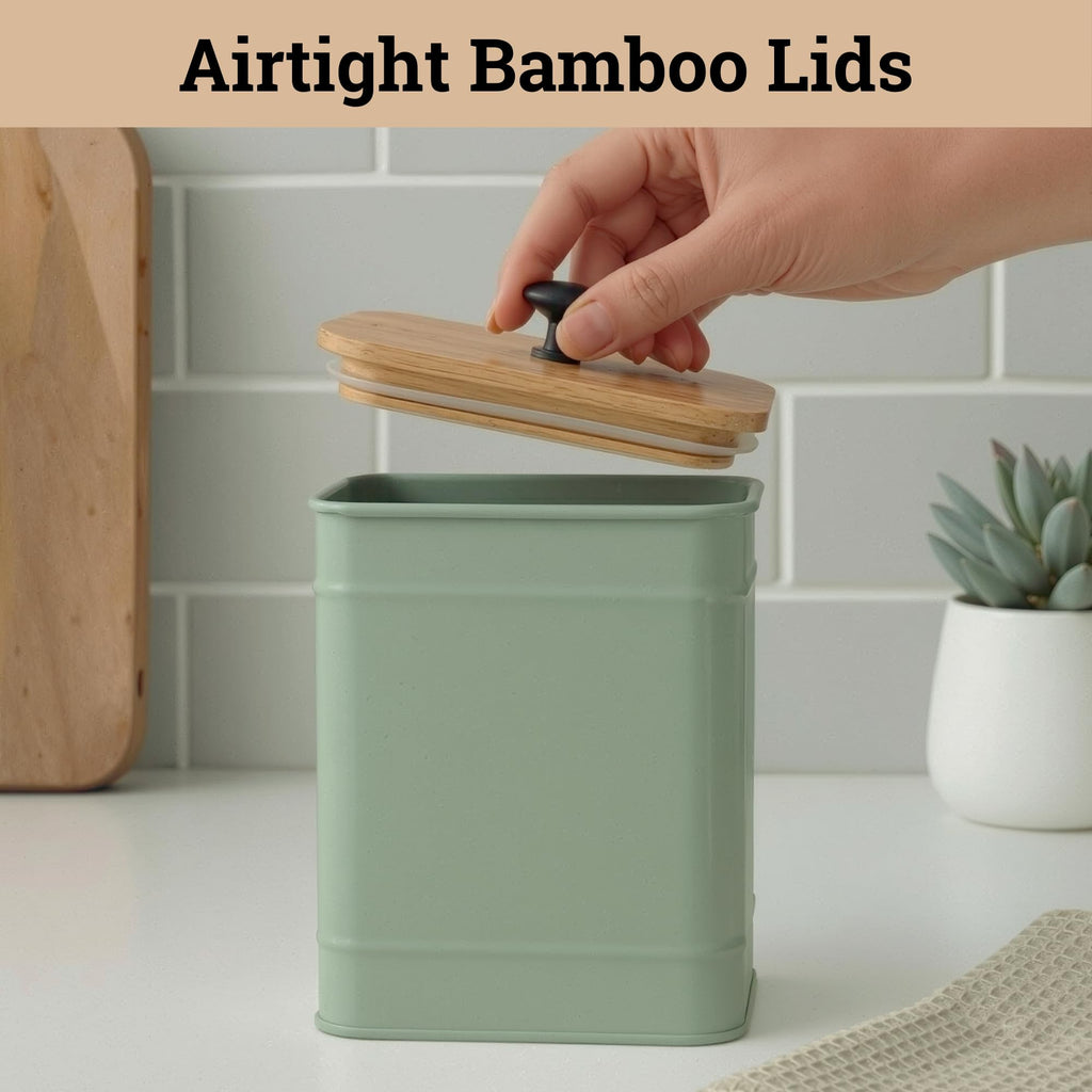Kitchen Canisters for Countertop Set of 4 w/ Chalkboard Labels & Marker Pen | Airtight Easy Open Bamboo Lids, Dent-Resistant Thick Metal, Customizable Chalkboard Labels, Marker Pen Included, Set of 4