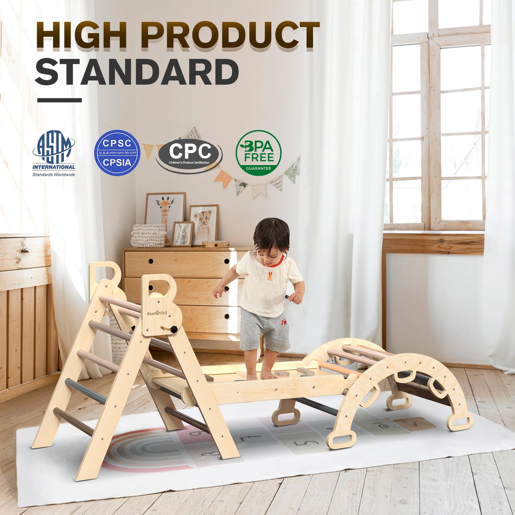 BlueWood Pikler Triangle Set with Safe Handle, Foldable 7-in-1 Montessori Toddler Climbing Toys Indoor, Wooden Pickler Climbing Set, Baby Jungle Gym & Playground, Climbing Toys for 1-3 Year, Colorful