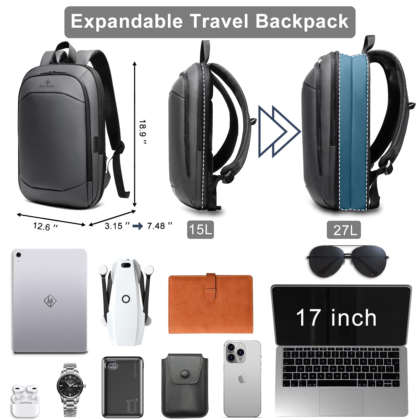 hk Business Backpack for Men 15.6 Inch,Slim & Expandable Waterproof Travel Laptop Backpack, Anti-Theft Lightweight Work Computer Bag, College Laptop Backpacks Gifts for Men Women-Black