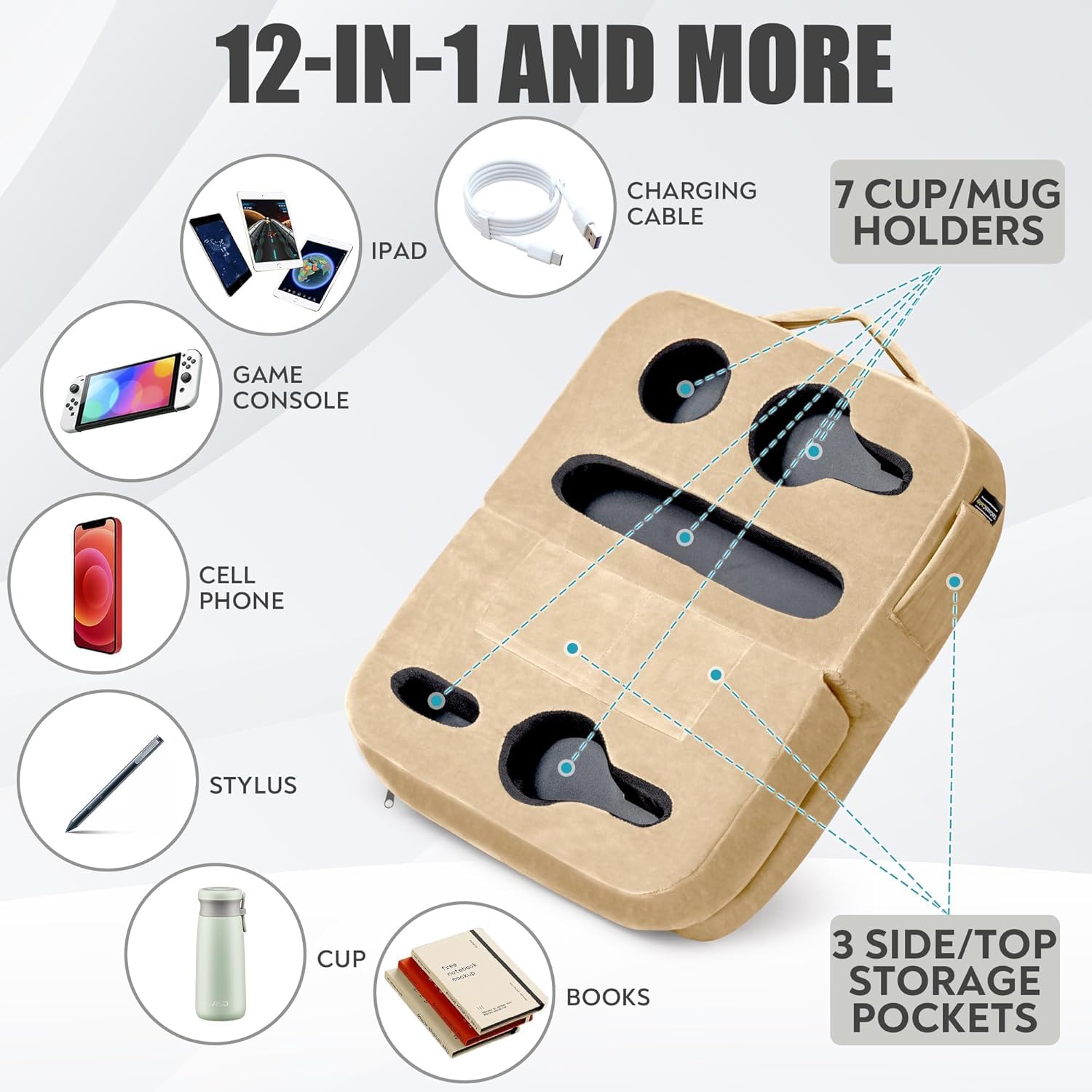 TabCouchCaddy - Couch Cup Holder Tray Pillow - Bed, Couch Caddy, Sofa, RV & Car - Holds Drinks, Snacks, Remotes, Phones, Kindle, Tablet | Bed Cup Holder (Beige)