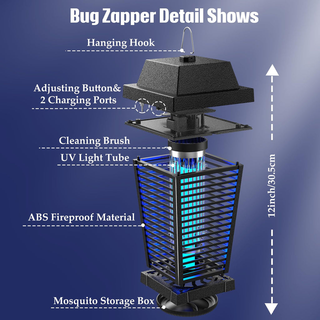 PALONE Bug Zapper with 4500V, USB-C and Solar Panel Dual Charging, Waterproof Bug Zapper with 7.5W Solar Charging Panel, Suitable for Camping Outdoor