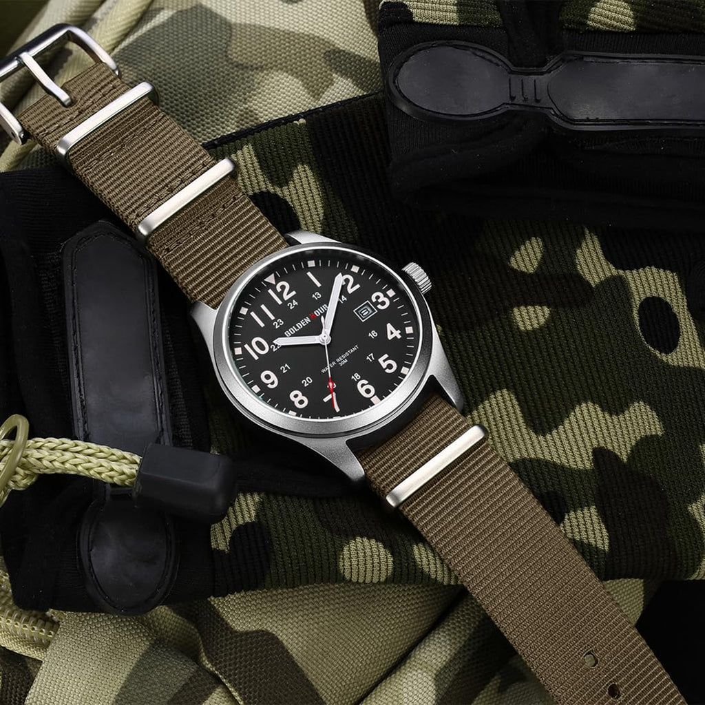 GOLDEN HOUR Men's Nylon Slip-Thru Strap Watch with Military Time Easy Read Dial Glowing Hands