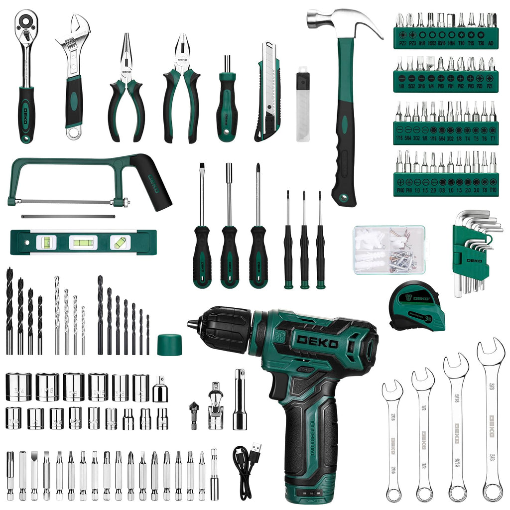Tool Set: Tool Kit with 12V Cordless Drill, Hand Toolbox with storage case, Mechanic Tool set for Home Repairs, Green